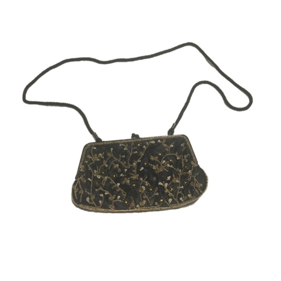 Lancome Handbags - Black satin flower embroidered & beaded clutch purse/black chrome clasp Lacome